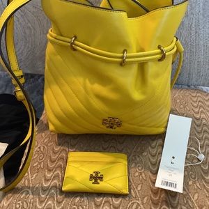Tory Burch Yellow Kira chevron mini bucket bag limone w card case and duster